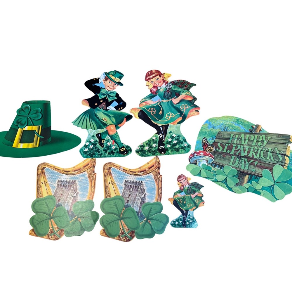 Vintage Dennison St‎ Patricks Day Die Cutouts 7 Piece Set Leprechaun Shamrock